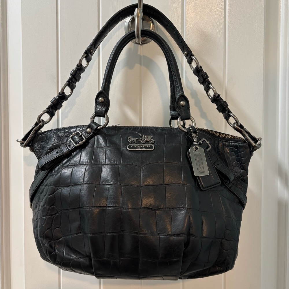 Coach Black Croc-Embossed Leather Satchel with Silver Hardware